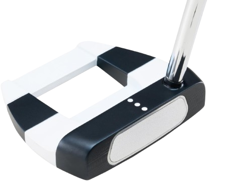 Side view of an Odyssey putter with a black mallet head and clear alignment lines. 