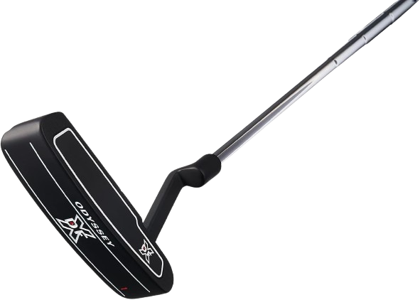 Side view of an Odyssey DFX putter with a black mallet head and clear alignment lines.