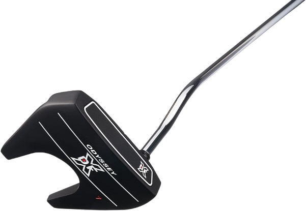 Side view of the Odyssey DFX 2-Ball putter with a black mallet-style head and sleek alignment lines.