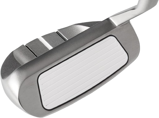 Close-up of an Odyssey putter face showing the clean, white insert on a metallic head.

